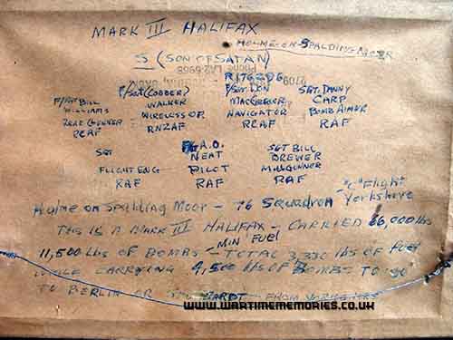 Written on the back of the photo of Don MacGregor's Halifax bomber and crew